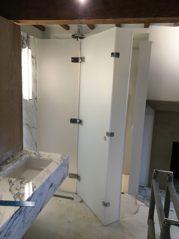 Bespoke frosted glass shower enclosure in Parson's Green luxury bathroom